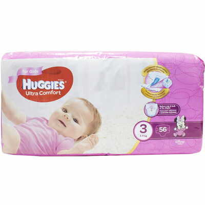 Подгузники Huggies Ultra Comfort для девочек размер 3, 5-9 кг, 56 шт.