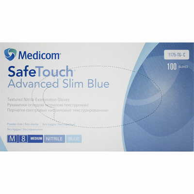 Рукавички оглядові Medicom SafeTouch Advanced Slim Blue нітрилові нестерильні неприпудрені текстуровані розмір M пара