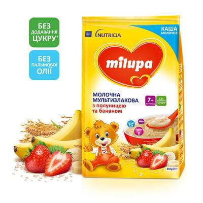 Каша молочная Milupa Мультизлаковая с клубникой и бананом с 7-ми месяцев мягкая упаковка 210 г