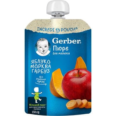 Пюре фруктово-овощное детское NESTLE GERBER Яблоко, морковка и тыква с 6-ти месяцев мягкая упаковка 150 г