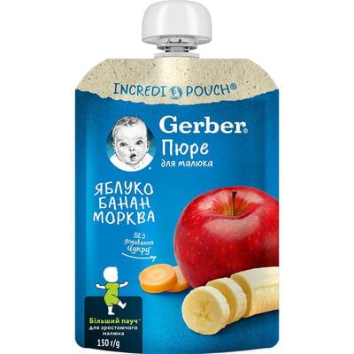 Пюре фруктово-овощное Gerber Яблоко, банан и морковка с 6-ти месяцев мягкая упаковка 150 г