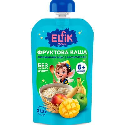 Пюре фруктовое Elfik Magic Витаминный микс яблоко персик, банан, манго с мультизлаковой кашей дой-пак 110 г