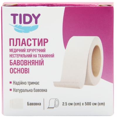 Пластир медичний Tidy нестерильний на тканинній бавовняній основі 2,5 см х 500 см 1 шт.