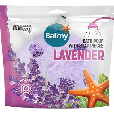 Мочалка для тіла банна Balmy Лаванда синтетична зі шматочками мила