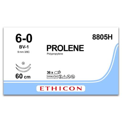 Шовный материал нерассасывающийся Prolene USP 6-0, 2 колющие иглы 9 мм, 3/8 круга, длина 60 см