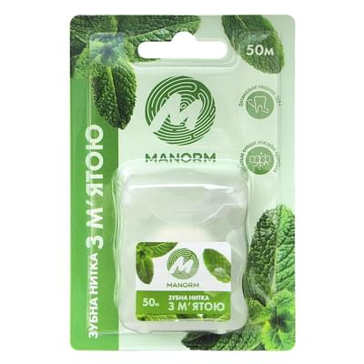 Зубна нитка MANORM (Манорм) із нейлону м'ятно-вощена 50 м