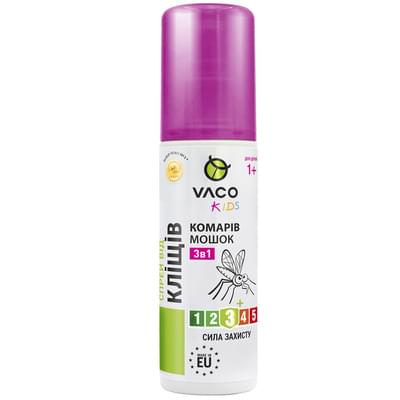 Спрей від комарів, кліщів та мошок Vaco Kids 3 в 1 з 1-го року репелентний 80 мл