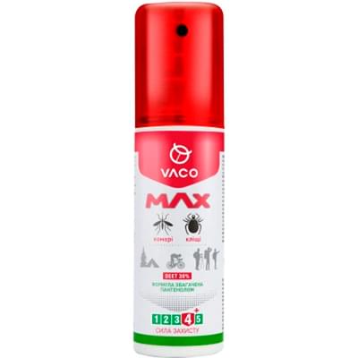 Спрей від комарів, кліщів та мошок Vaco Max Deet 30% репелентний з пантенолом 80 мл