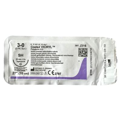 Шовний матеріал розсмоктувальний Vicryl J316 розмір USP 3/0, колюча голка 26 мм 1/2, довжина 70 см