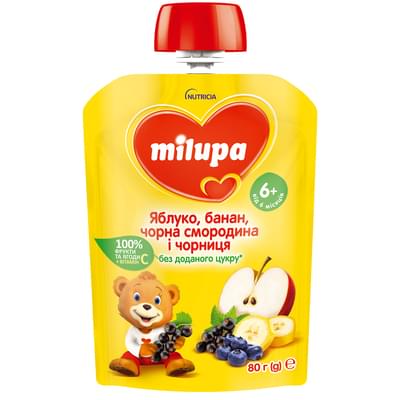 Пюре фруктовое Milupa Яблоко, банан, черная смородина и черника с 6-ти месяцев 80 г
