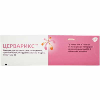Церварикс вакцина для профилактики заболеваний вызваных вирусом папиломы человека типов 16 и 18 суспензия д/ин. 1 доза по 0,5 мл №1 (шприц)