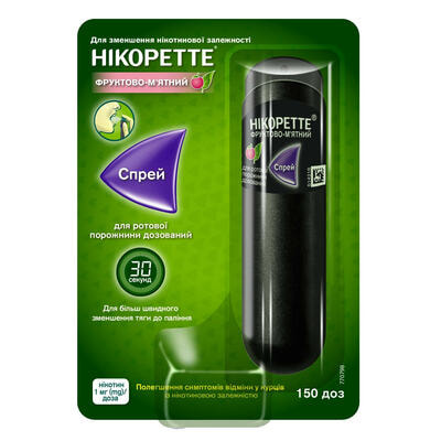 Нікоретте фруктово-м`ятний спрей д/ротов. порожнини 1 мг/доза по 15 мл (150 доз) (флакон)