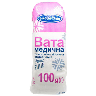 Вата медична Білосніжка нестерильна гігроскопічна зіг-заг 100 г