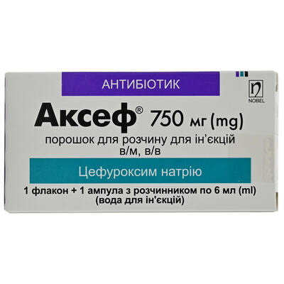 Аксеф порошок д/ін. по 750 мг (флакон + розчинник по 6 мл)