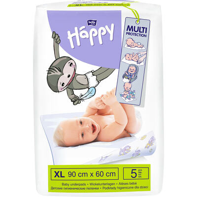 Пелюшки гігієнічні поглинаючі дитячі Bella Happy Baby розмір XL 90 см х 60 см 5 шт.