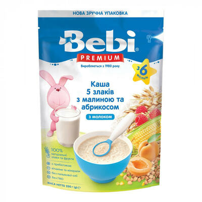 Каша молочна Kolinska Bebi Premium 5 злаків з малиною та абрикосом з 6-ти місяців 200 г (пакет)