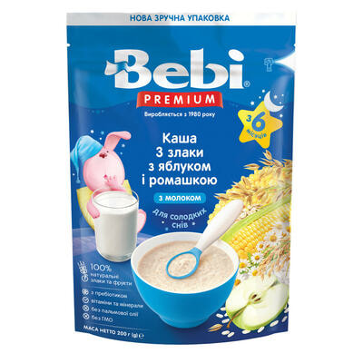 Каша молочная Kolinska Bebi Premium Для сладких снов 3 злака, яблоко и ромашка с 6-ти месяцев 200 г (пакет)