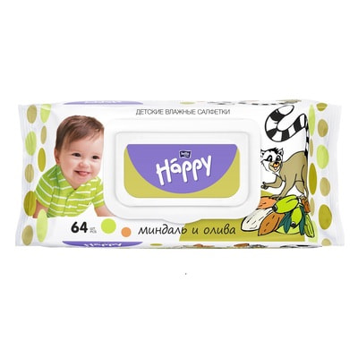 Салфетки влажные детские Bella Happy Baby Миндаль и олива 64 шт.