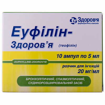 Еуфілін-Здоров`я розчин д/ін. 20 мг/мл по 5 мл №10 (ампули)